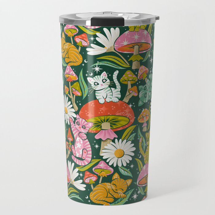 Kittens & Shrooms - Rainbow on Kelly Green Travel Mug Gallery Image 1