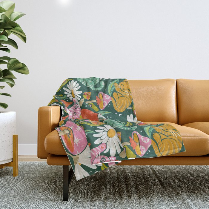 Kittens & Shrooms - Rainbow on Kelly Green Throw Blanket Gallery Image 1