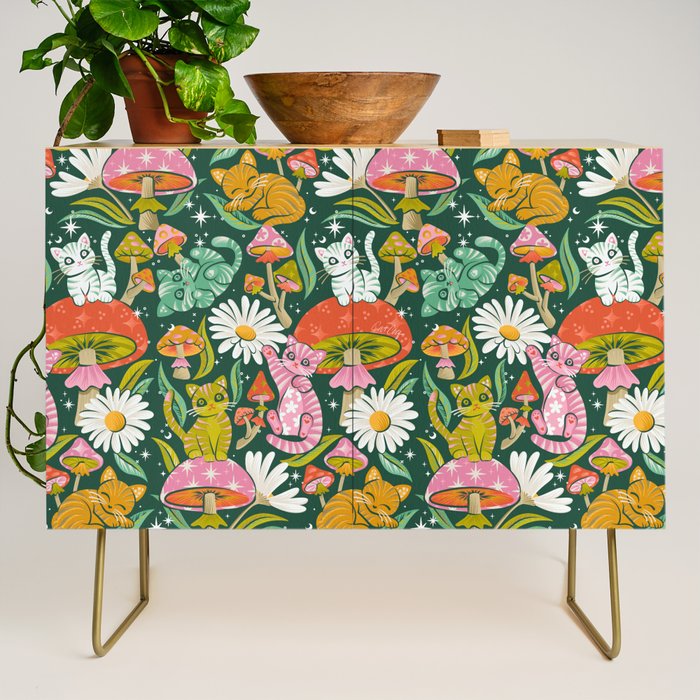 Kittens & Shrooms - Rainbow on Kelly Green Credenza Gallery Image 1