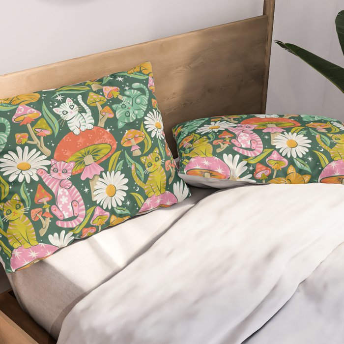 Kittens & Shrooms - Rainbow on Kelly Green Pillow Sham Gallery Image 2