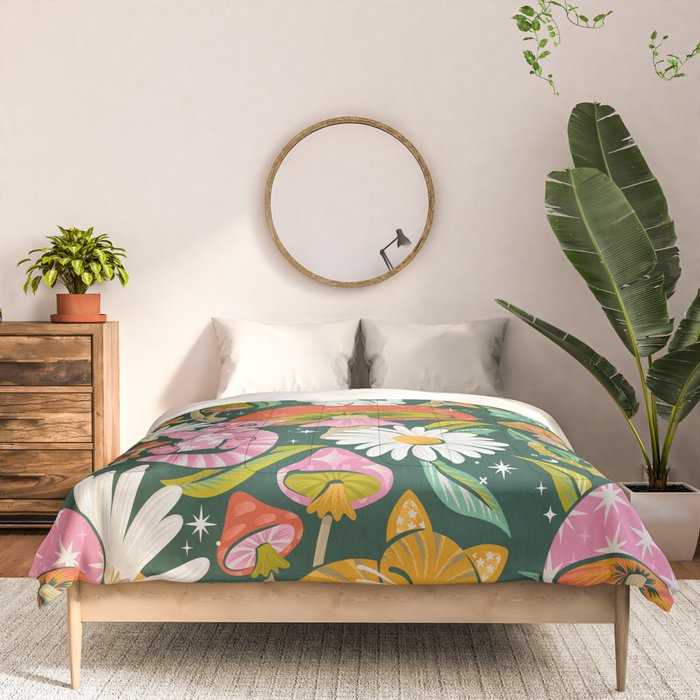 Kittens & Shrooms - Rainbow on Kelly Green Comforter Gallery Image 3