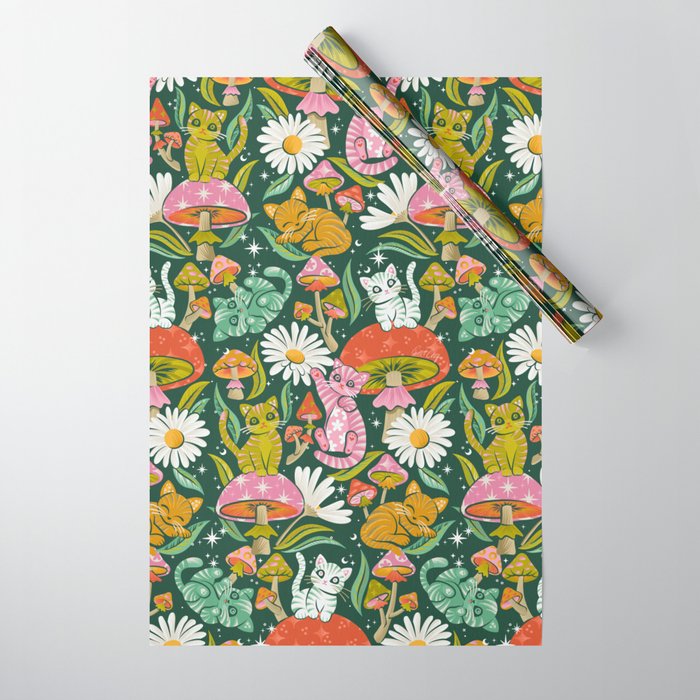 Kittens & Shrooms - Rainbow on Kelly Green Wrapping Paper Gallery Image 1