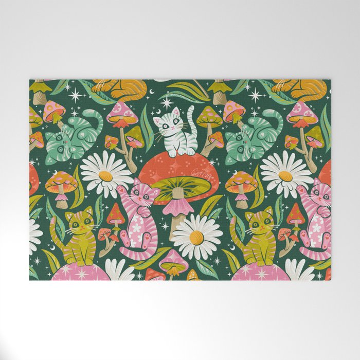 Kittens & Shrooms - Rainbow on Kelly Green Welcome Mat Gallery Image 1