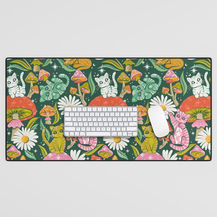 Kittens & Shrooms - Rainbow on Kelly Green Desk Mat Gallery Image 1