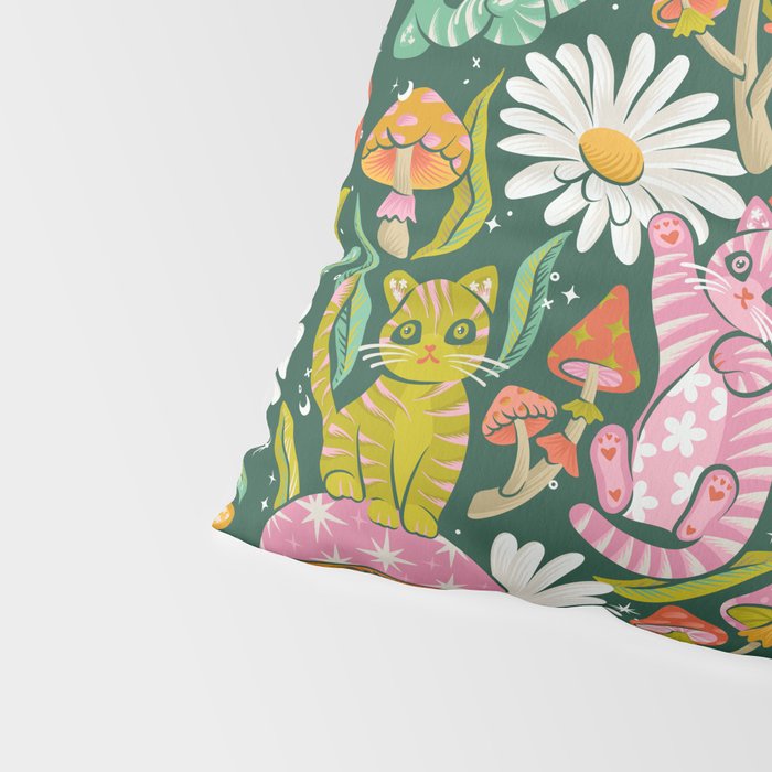 Kittens & Shrooms - Rainbow on Kelly Green Pillow Sham Gallery Image 4