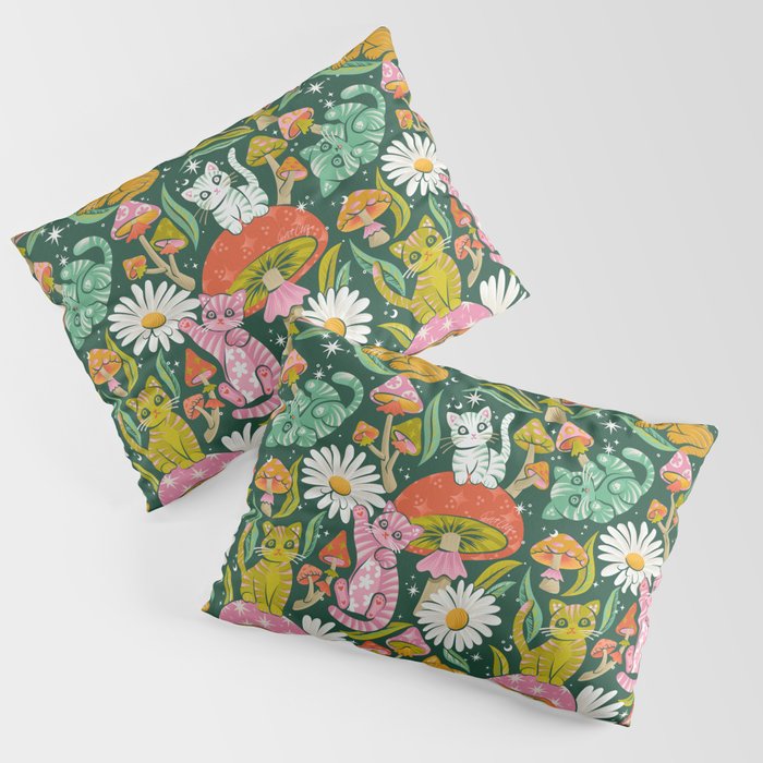 Kittens & Shrooms - Rainbow on Kelly Green Pillow Sham Gallery Image 3