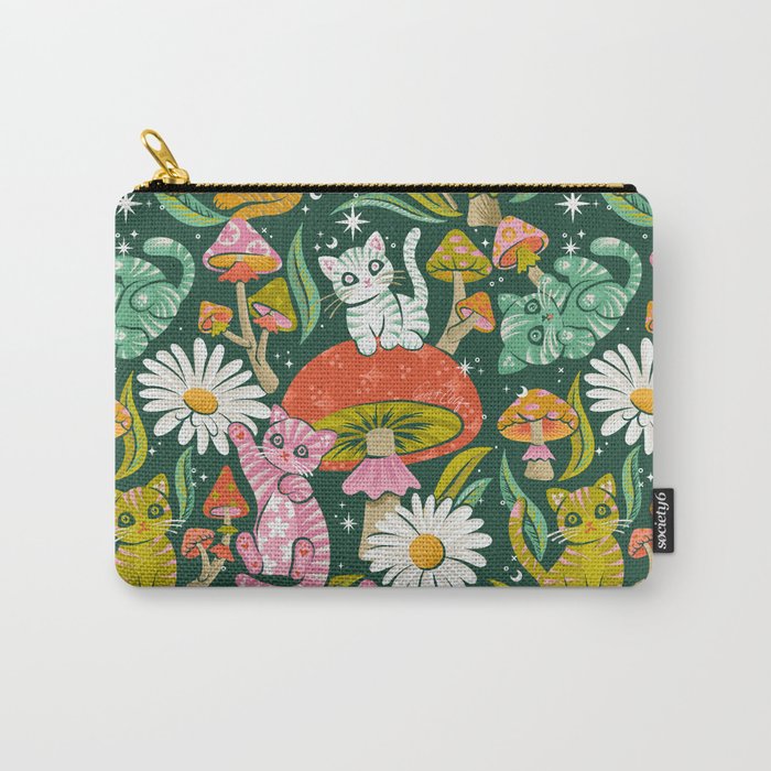 Kittens & Shrooms - Rainbow on Kelly Green Carry All Pouch Gallery Image 1