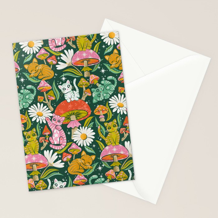 Kittens & Shrooms - Rainbow on Kelly Green Stationery Card Gallery Image 2