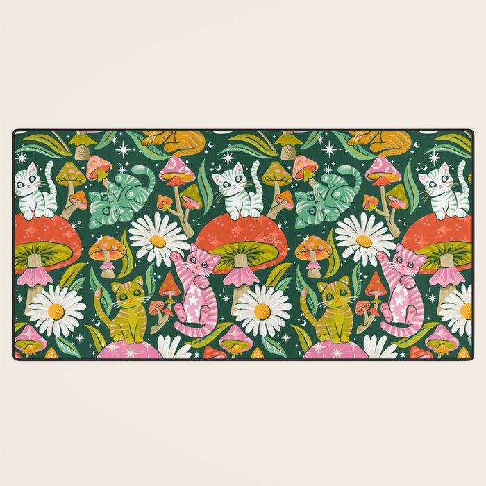 Kittens & Shrooms - Rainbow on Kelly Green Desk Mat Gallery Image 3
