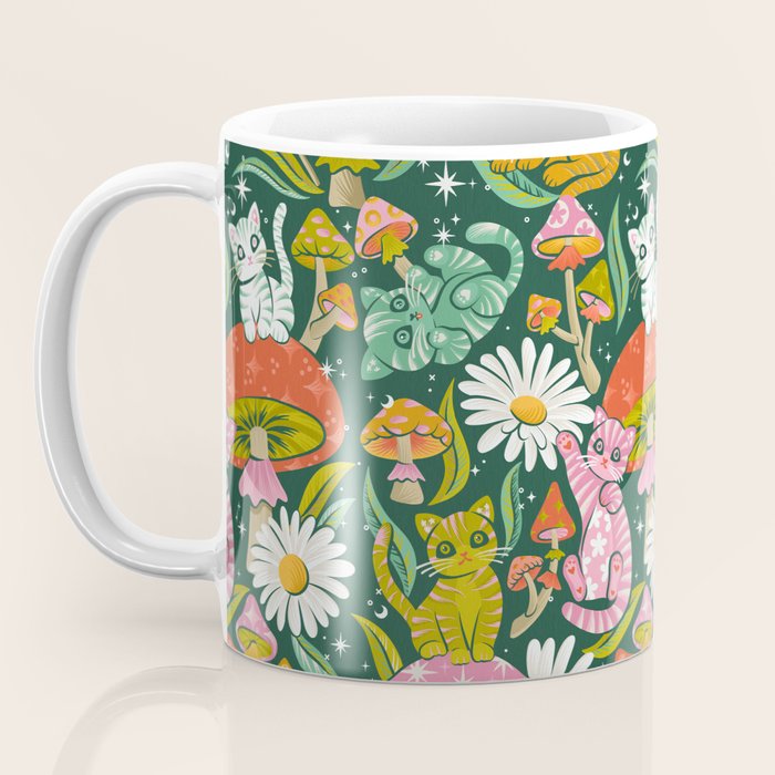 Kittens & Shrooms - Rainbow on Kelly Green Coffee Mug Gallery Image 3