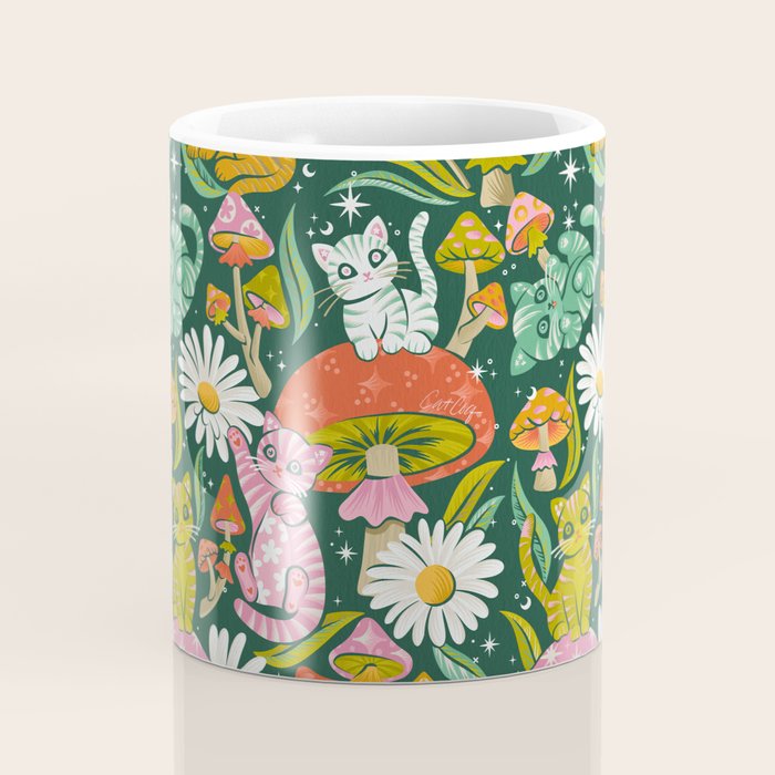 Kittens & Shrooms - Rainbow on Kelly Green Coffee Mug Gallery Image 4