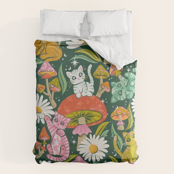 Kittens & Shrooms - Rainbow on Kelly Green Duvet Cover Gallery Image 6