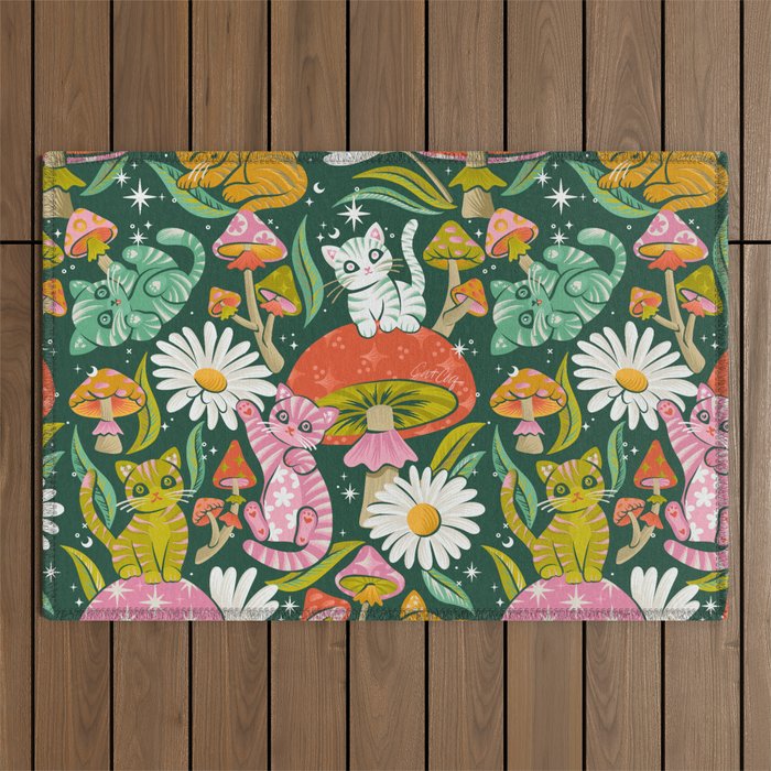 Kittens & Shrooms - Rainbow on Kelly Green Outdoor Rug Gallery Image 1