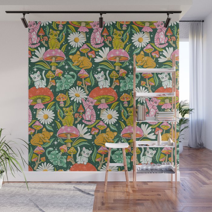 Kittens & Shrooms - Rainbow on Kelly Green Wall Mural Gallery Image 1