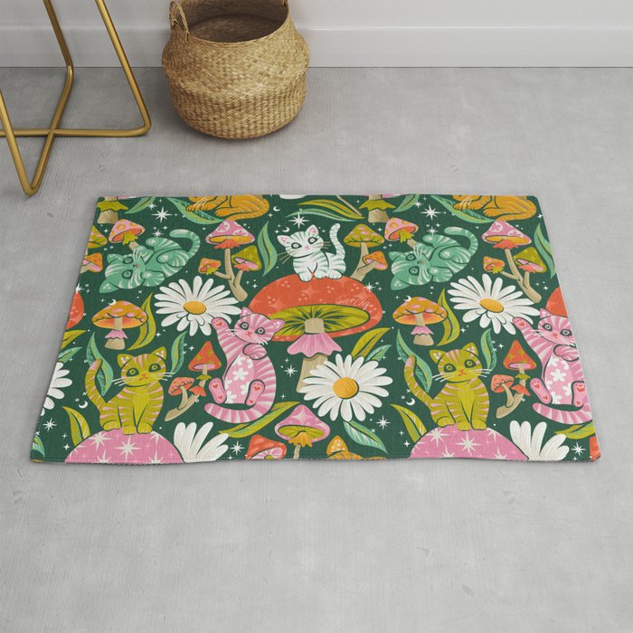 Kittens & Shrooms - Rainbow on Kelly Green Rug Gallery Image 1