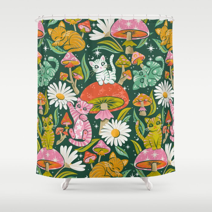 Kittens & Shrooms - Rainbow on Kelly Green Shower Curtain Gallery Image 1