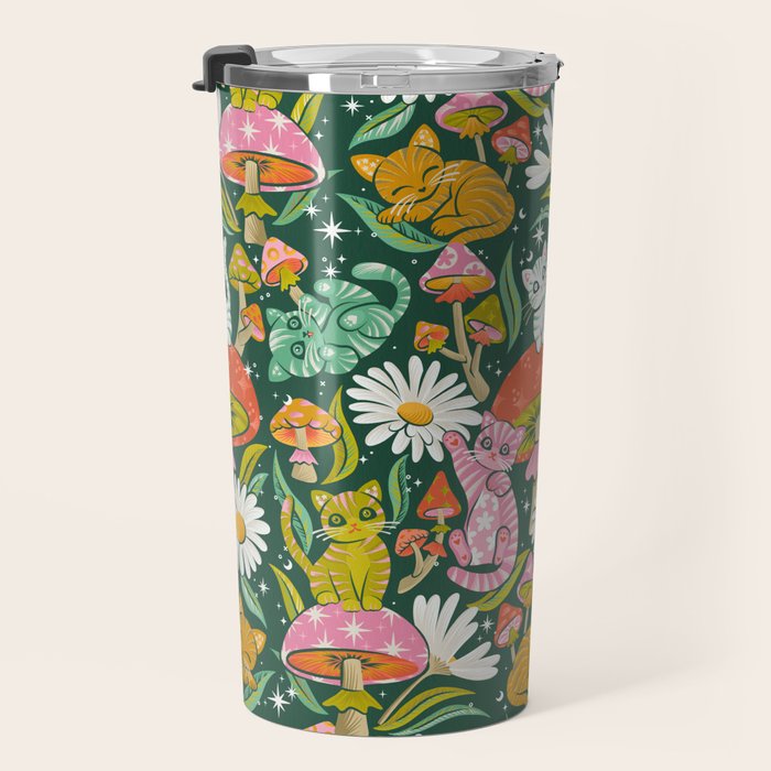 Kittens & Shrooms - Rainbow on Kelly Green Travel Mug Gallery Image 3