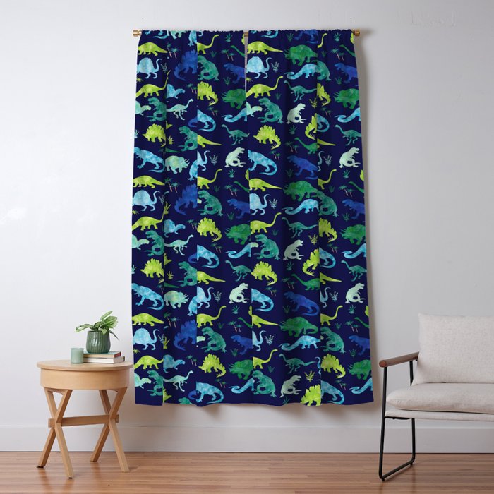 Watercolor Dinosaur Blue Green Dino Pattern Window Curtain Gallery Image 1