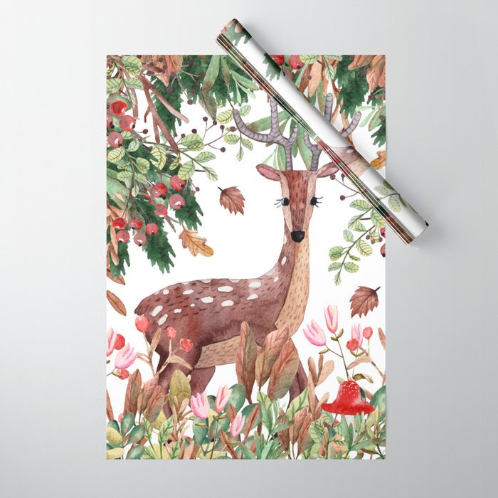 Cute, Watercolor, Deer Painting Wrapping Paper Gallery Image 1