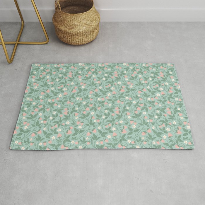 Strawberries - dusty pink and green on sky blue Rug Gallery Image 1