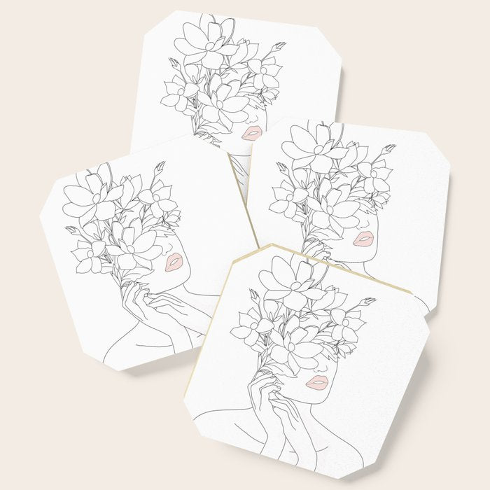 Minimal Line Art Woman with Magnolia Coaster Gallery Image 1