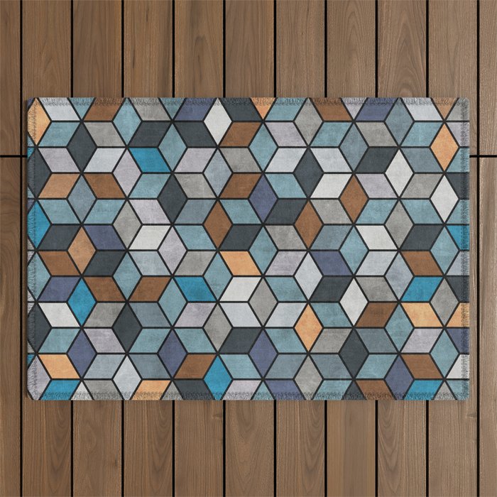 Colorful Concrete Cubes - Blue, Grey, Brown Outdoor Rug Gallery Image 1