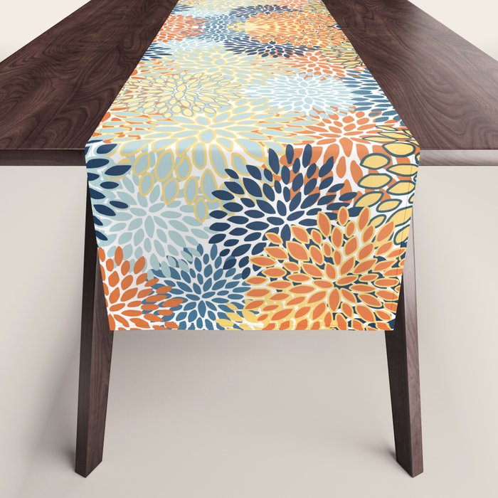Modern, Floral Prints, Orange, Blue, Yellow Table Runner Gallery Image 1