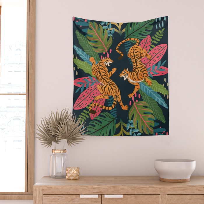 Jungle Cats - Roaring Tigers Wall Tapestry Gallery Image 2