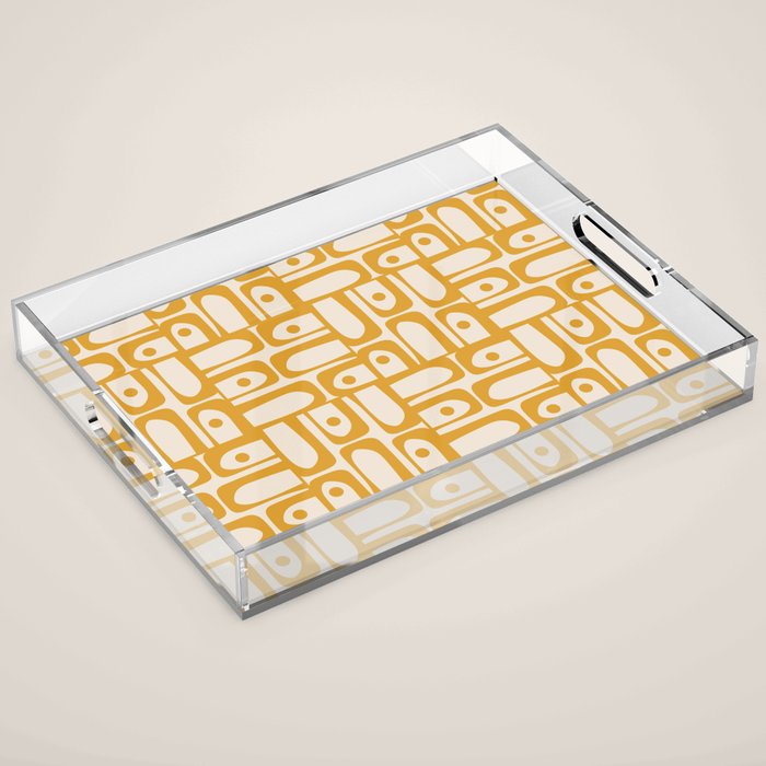 Mid Century Modern Piquet Abstract Multi Pattern in Golden Ochre Mustard and Beige Acrylic Tray Gallery Image 1