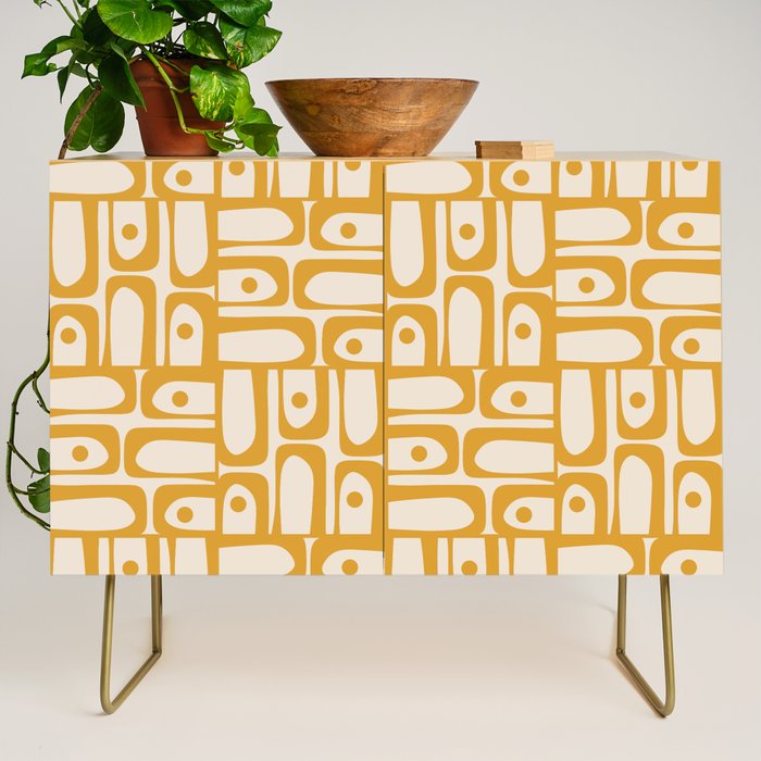 Mid Century Modern Piquet Abstract Multi Pattern in Golden Ochre Mustard and Beige Credenza Gallery Image 1