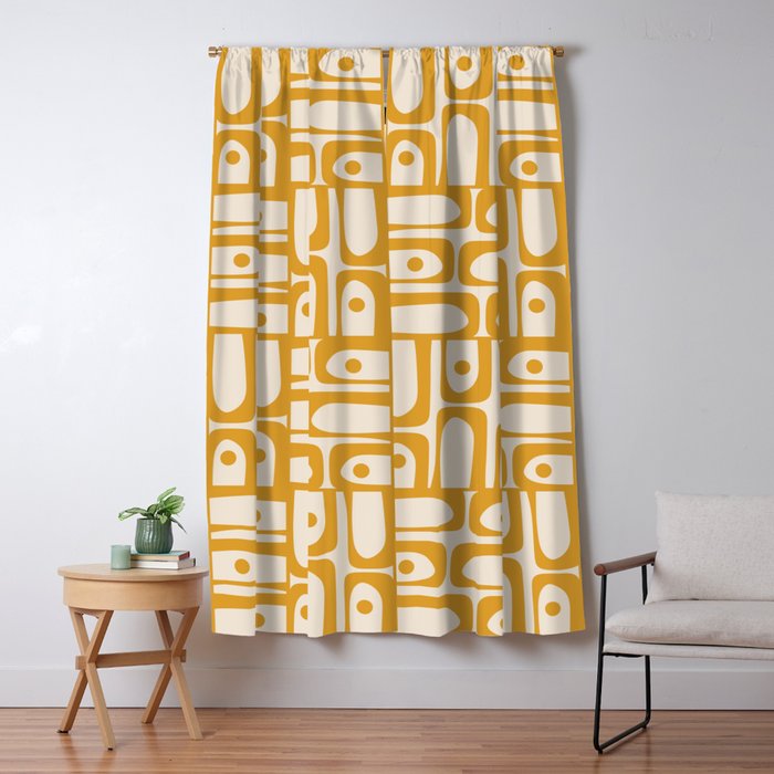 Mid Century Modern Piquet Abstract Multi Pattern in Golden Ochre Mustard and Beige Window Curtain Gallery Image 5