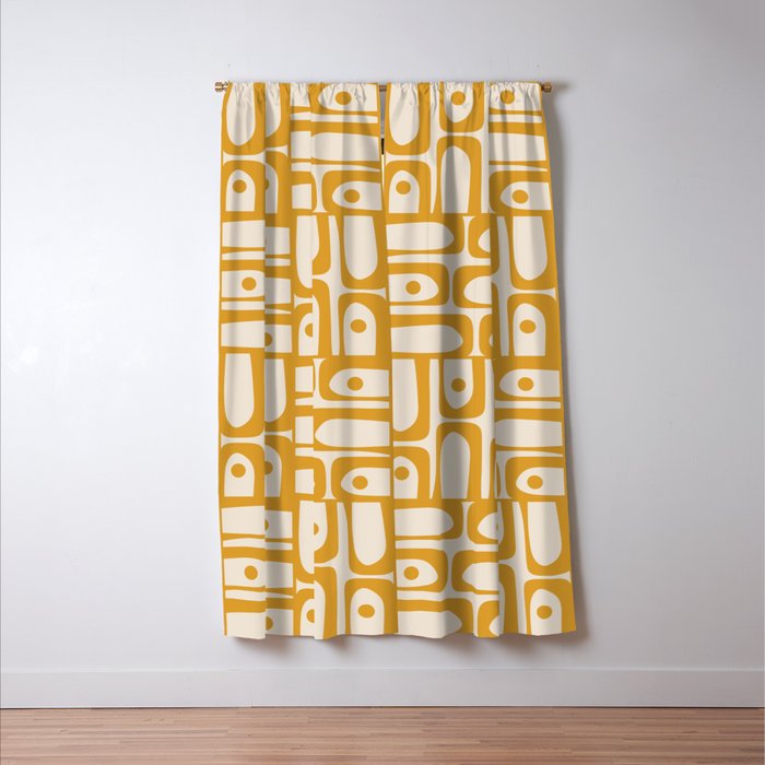 Mid Century Modern Piquet Abstract Multi Pattern in Golden Ochre Mustard and Beige Window Curtain Gallery Image 3