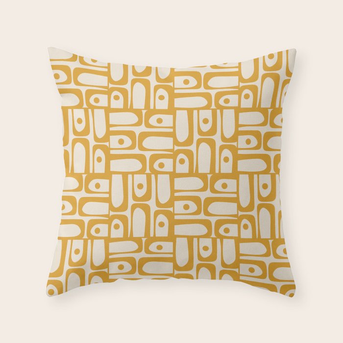 Mid Century Modern Piquet Abstract Multi Pattern in Golden Ochre Mustard and Beige Throw Pillow Gallery Image 1