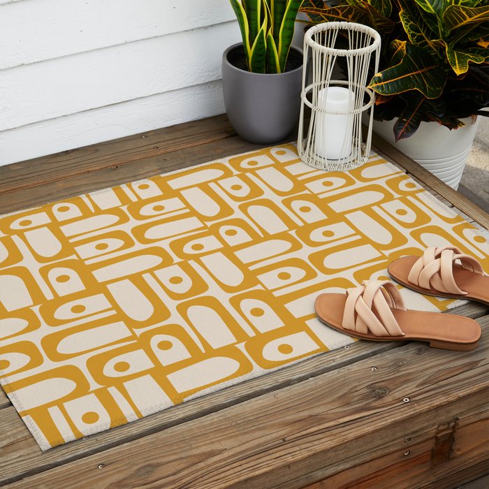Mid Century Modern Piquet Abstract Multi Pattern in Golden Ochre Mustard and Beige Outdoor Rug Gallery Image 2