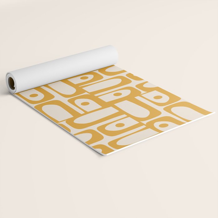Mid Century Modern Piquet Abstract Multi Pattern in Golden Ochre Mustard and Beige Yoga Mat Gallery Image 2