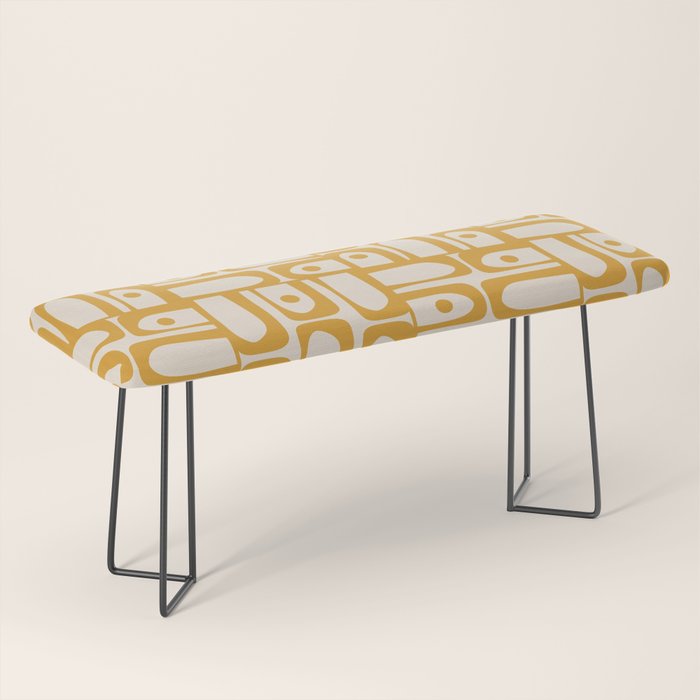 Mid Century Modern Piquet Abstract Multi Pattern in Golden Ochre Mustard and Beige Bench Gallery Image 1