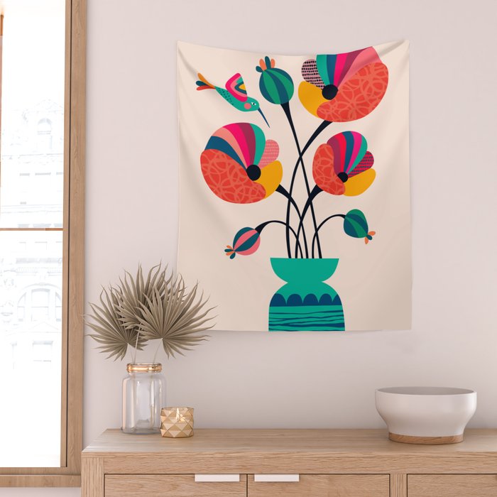 Poppies & Hummingbird Wall Tapestry Gallery Image 2