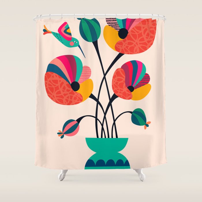 Poppies & Hummingbird Shower Curtain Gallery Image 1