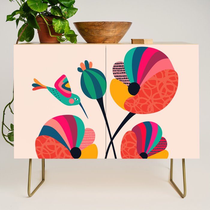 Poppies & Hummingbird Credenza Gallery Image 1