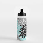 Aqua Black Gray Flower Burst Floral Pattern Water Bottle Gallery Image 2