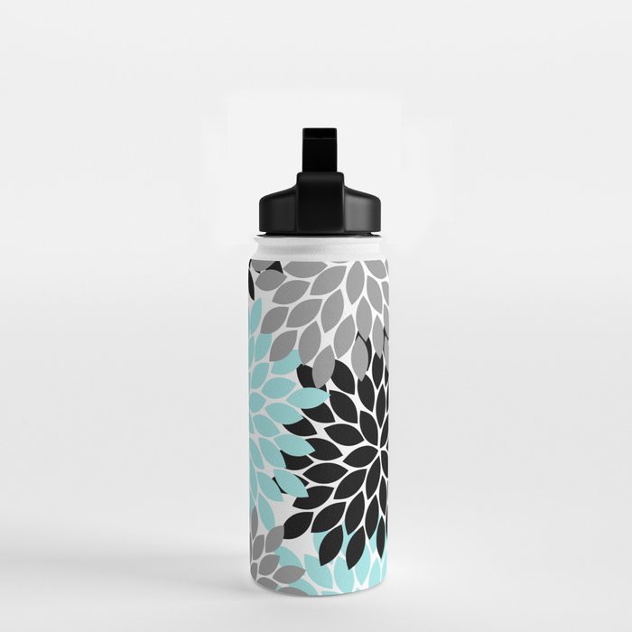 Aqua Black Gray Flower Burst Floral Pattern Water Bottle Gallery Image 2