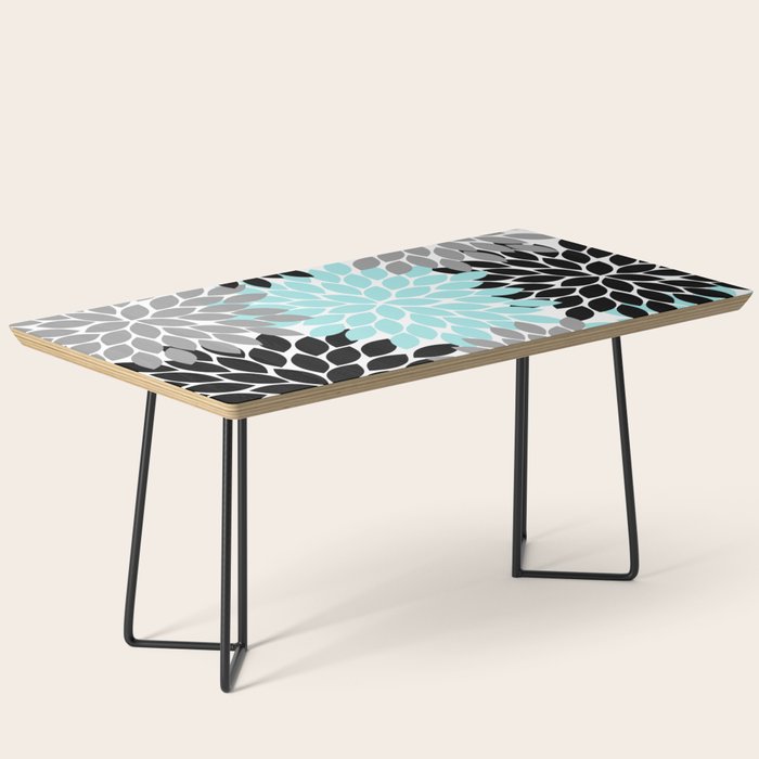 Aqua Black Gray Flower Burst Floral Pattern Coffee Table Gallery Image 1