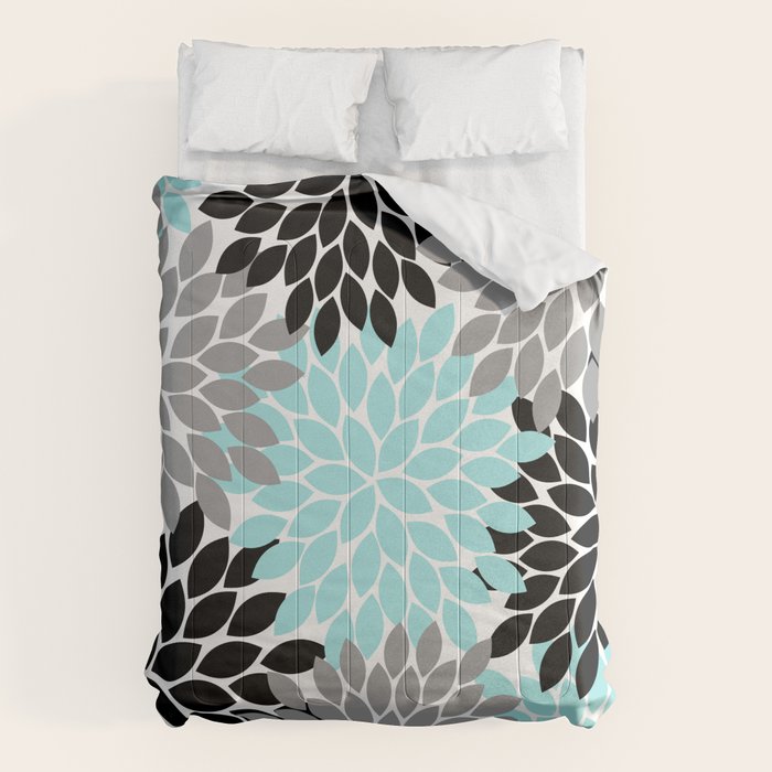 Aqua Black Gray Flower Burst Floral Pattern Comforter Gallery Image 6