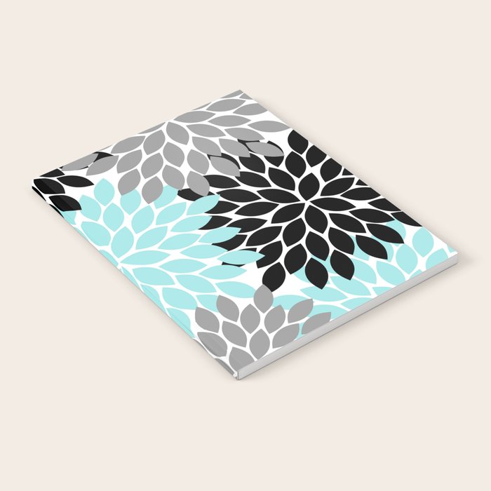 Aqua Black Gray Flower Burst Floral Pattern Notebook Gallery Image 2