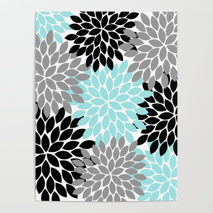 Aqua Black Gray Flower Burst Floral Pattern Poster Gallery Image 4