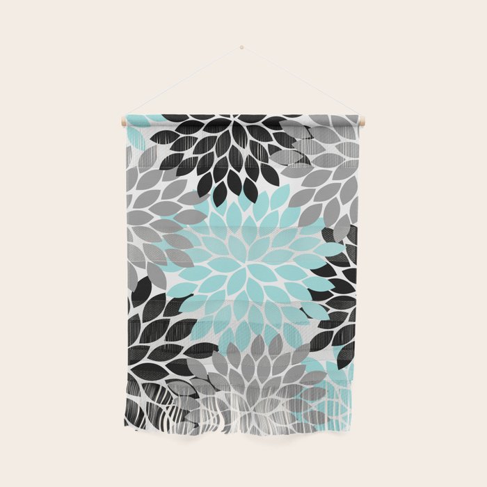 Aqua Black Gray Flower Burst Floral Pattern Wall Hanging Gallery Image 1