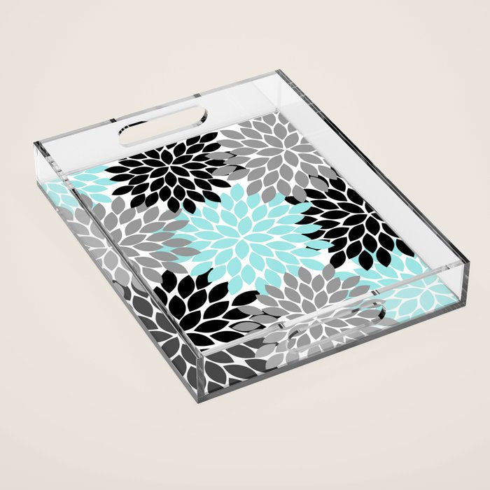 Aqua Black Gray Flower Burst Floral Pattern Acrylic Tray