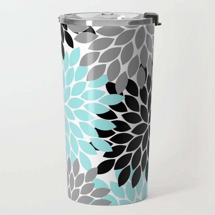 Aqua Black Gray Flower Burst Floral Pattern Travel Mug Gallery Image 2