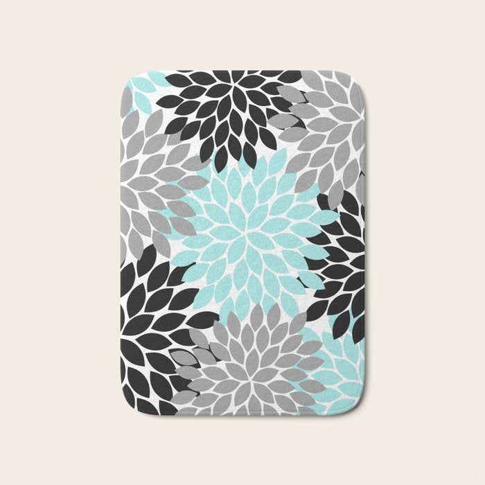 Aqua Black Gray Flower Burst Floral Pattern Bath Mat Gallery Image 1