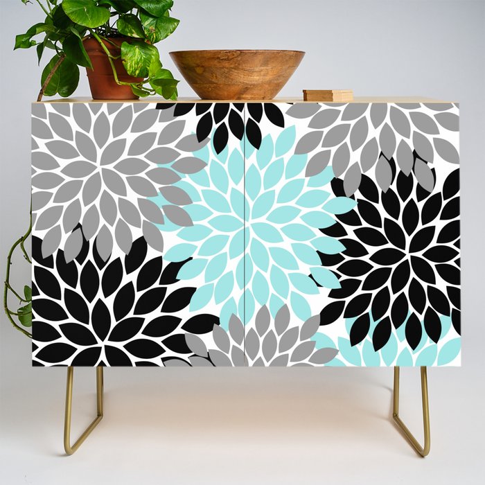 Aqua Black Gray Flower Burst Floral Pattern Credenza Gallery Image 1